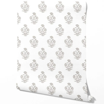 'Buran' Neutral Floral Block Print Wallpaper (Gray/ White)