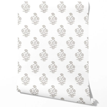 'Buran' Neutral Floral Block Print Wallpaper (Gray/ White)