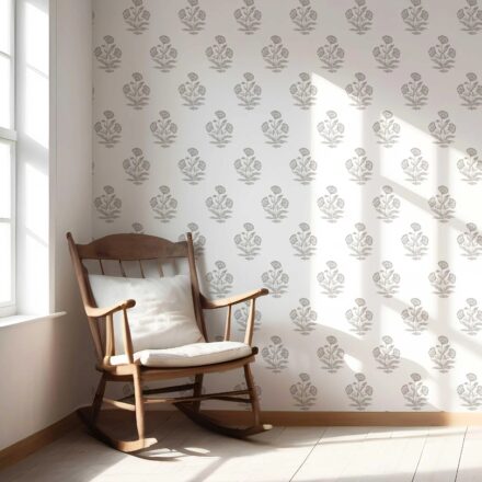 'Buran' Neutral Floral Block Print Wallpaper (Gray/ White) - Image 5