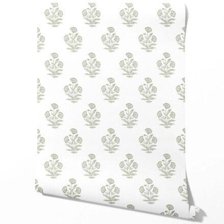 'Gladiolus' Floral Block Print Wallpaper (Green/ White)