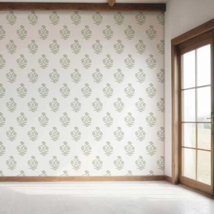 'Gladiolus' Floral Block Print Wallpaper (Green/ White) - Image 7