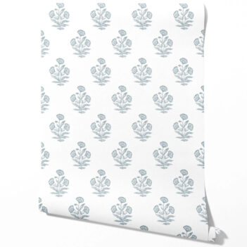 'Bernon' Floral Block Print Wallpaper (Sage Blue/ White)