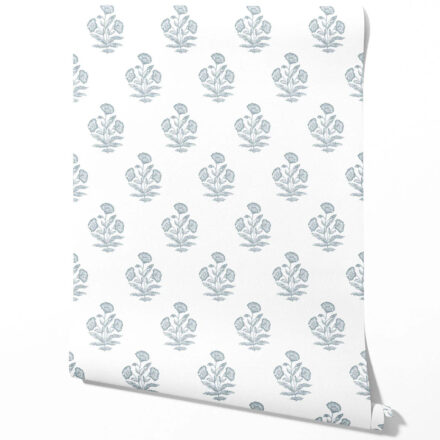 'Bernon' Floral Block Print Wallpaper (Sage Blue/ White)