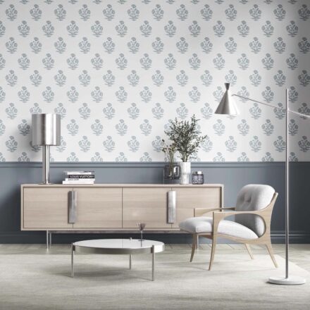'Bernon' Floral Block Print Wallpaper (Sage Blue/ White) - Image 2