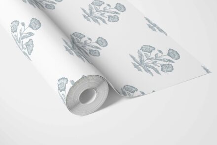'Bernon' Floral Block Print Wallpaper (Sage Blue/ White) - Image 3