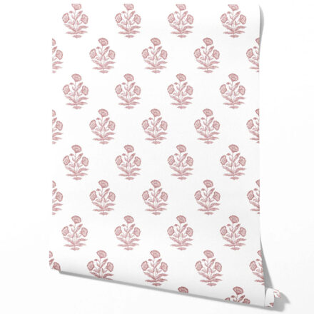 'Tuberose' Floral Block Print Wallpaper (Soft Pink/ White)