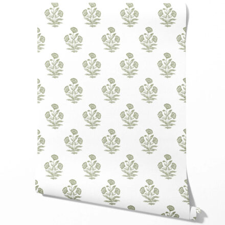 'Evening Grass' Floral Block Print Wallpaper (Olive Green/ White)