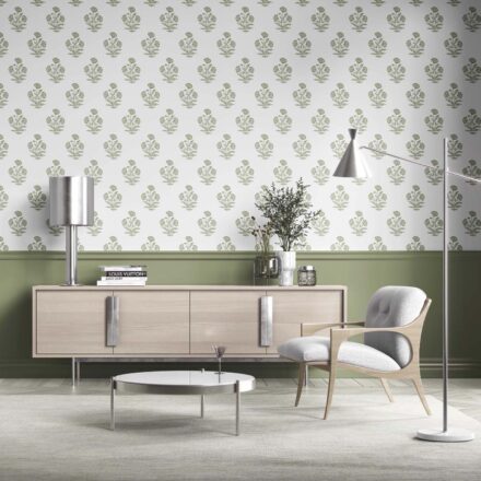 'Evening Grass' Floral Block Print Wallpaper (Olive Green/ White) - Image 2