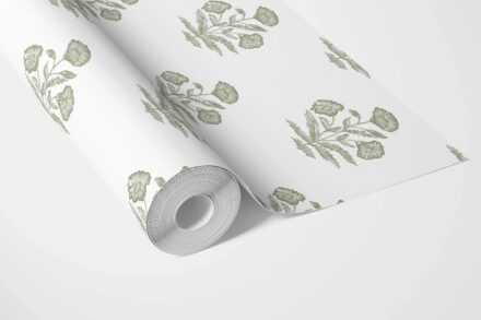 'Evening Grass' Floral Block Print Wallpaper (Olive Green/ White) - Image 3