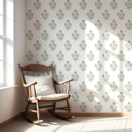 'Evening Grass' Floral Block Print Wallpaper (Olive Green/ White) - Image 5