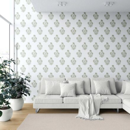 'Evening Grass' Floral Block Print Wallpaper (Olive Green/ White) - Image 6