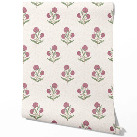 'Rosehip Touch' Floral Block Print Wallpaper (Pink/ Green/ Soft Taupe)