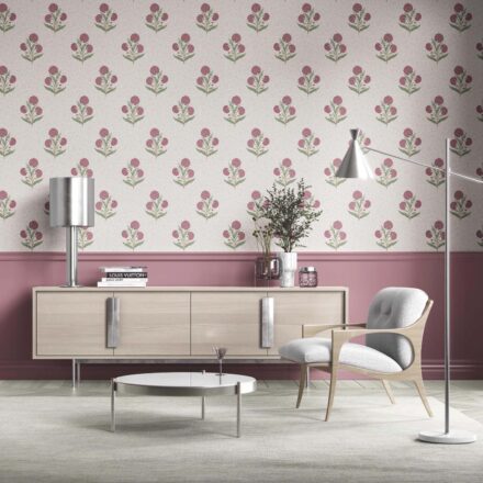 'Rosehip Touch' Floral Block Print Wallpaper (Pink/ Green/ Soft Taupe) - Image 2