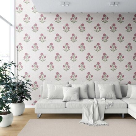 'Rosehip Touch' Floral Block Print Wallpaper (Pink/ Green/ Soft Taupe) - Image 6