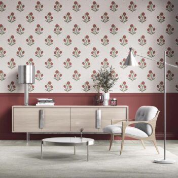 'Duskwood' Floral Block Print Wallpaper (Red/ Green/ Soft Taupe)