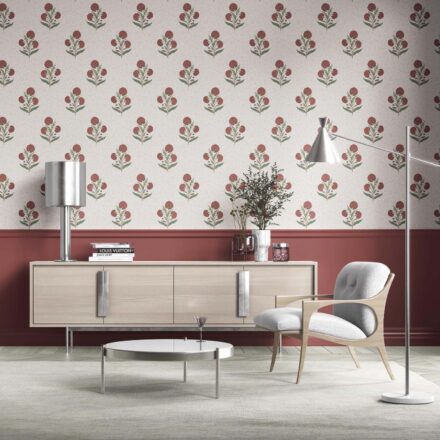 'Duskwood' Floral Block Print Wallpaper (Red/ Green/ Soft Taupe)