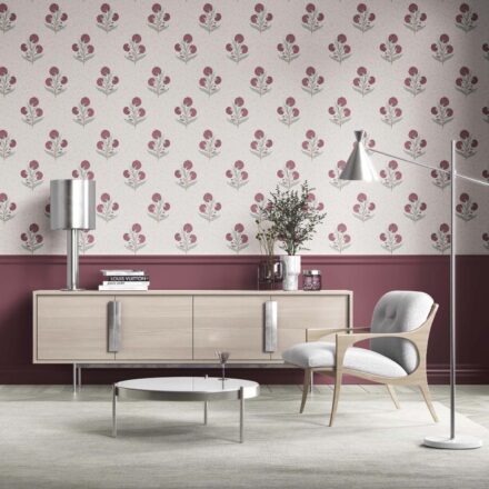 'Jotun' Floral Block Print Wallpaper (Deep Pink/ Green/ Soft Taupe) - Image 2