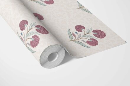'Jotun' Floral Block Print Wallpaper (Deep Pink/ Green/ Soft Taupe) - Image 3