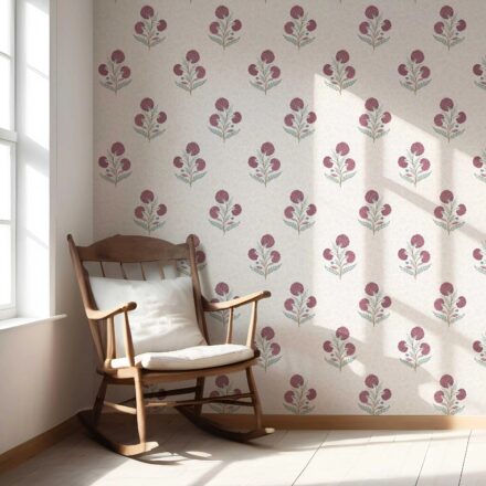 'Jotun' Floral Block Print Wallpaper (Deep Pink/ Green/ Soft Taupe) - Image 5
