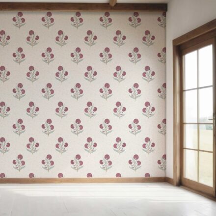 'Jotun' Floral Block Print Wallpaper (Deep Pink/ Green/ Soft Taupe) - Image 7