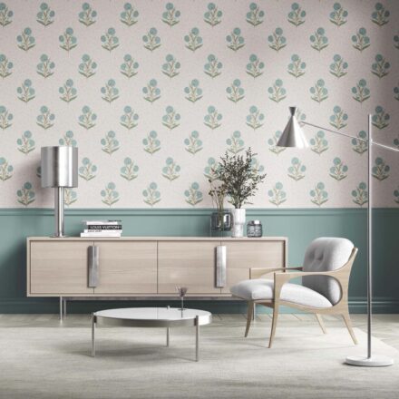 'Larkspur' Floral Block Print Wallpaper (Duck Egg Blue/ Green/ Soft Taupe) - Image 2