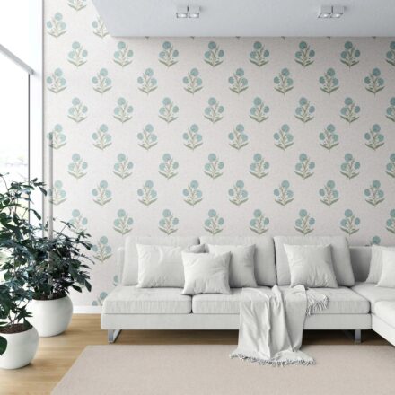 'Larkspur' Floral Block Print Wallpaper (Duck Egg Blue/ Green/ Soft Taupe) - Image 6