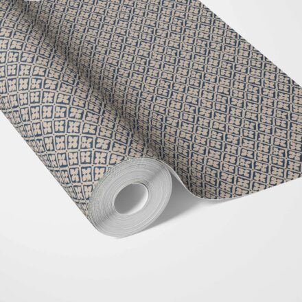 'Bencoolen' Small Floral Lattice/ Geometric Micro-Print Wallpaper (Navy Blue/ Beige) - Image 2