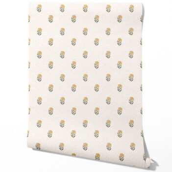 'Chiara' Botanical/ Floral Block Print Wallpaper (Yellow/ Green/ Soft Taupe)