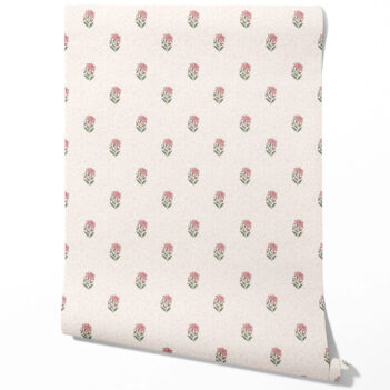 'Zahrat' Botanical/ Floral Block Print Wallpaper (Pink/ Green/ Soft Taupe)