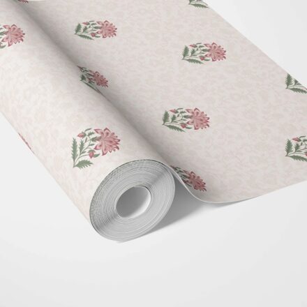 'Zahrat' Botanical/ Floral Block Print Wallpaper (Pink/ Green/ Taupe) - Image 2