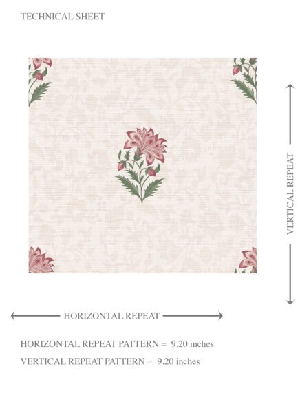 'Zahrat' Botanical/ Floral Block Print Wallpaper (Pink/ Green/ Taupe) - Image 8