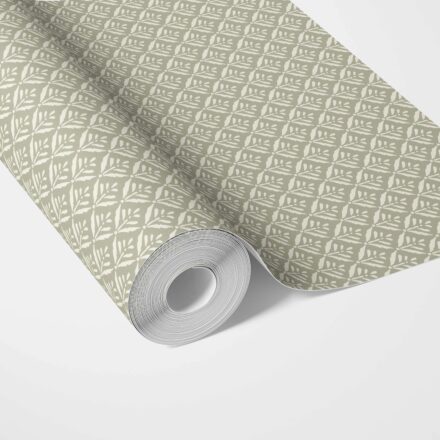 'Terza' Small Floral Lattice/ Leaf Textured Wallpaper (Olive Green/ Off-White)