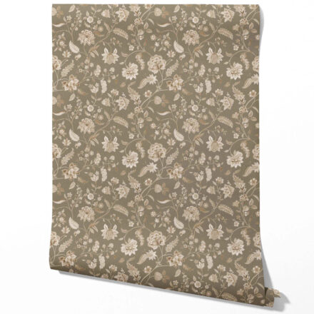 'Duwar' Floral/ Botanical Patterned Wallpaper (Olive Green/ Brown/ Beige)