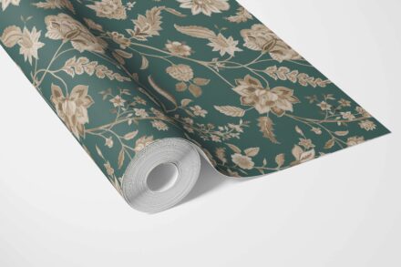 'Wavelike' Floral/ Botanical Patterned Wallpaper (Emerald Green/ Beige) - Image 3