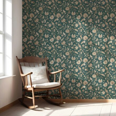'Wavelike' Floral/ Botanical Patterned Wallpaper (Emerald Green/ Beige) - Image 5