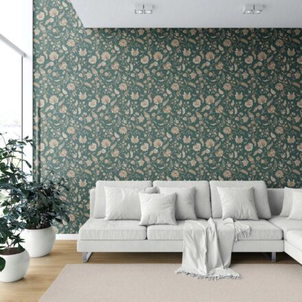 'Wavelike' Floral/ Botanical Patterned Wallpaper (Emerald Green/ Beige) - Image 6