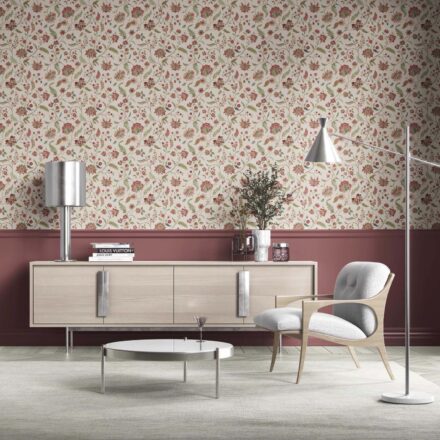 'Zanbaq' Floral/ Botanical Patterned Wallpaper (Red/ Green/ Soft Taupe) - Image 2