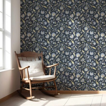 'Alicia' Floral/ Botanical Patterned Wallpaper (Midnight Blue/ Pale Blue/ Green) - Image 5