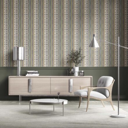 'Archer Game' Vintage Bohemian Striped Wallpaper (Navy Blue/ Olive Green/ Gray/ Brown) - Image 2