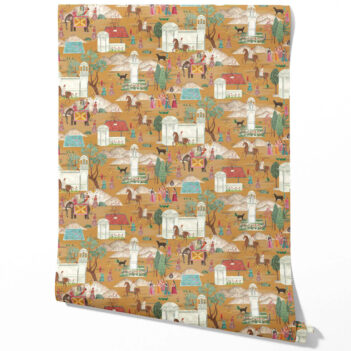 'Gokul' Ethnic/ Heritage/ Horses & Castles Print Wallpaper (Yellow/ Red/ Green/ Blue/ Pink)