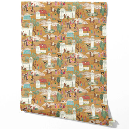 'Gokul' Ethnic/ Heritage/ Horses & Castles Print Wallpaper (Yellow/ Red/ Green/ Blue/ Pink)