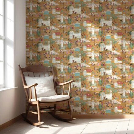 'Gokul' Ethnic/ Heritage/ Horses & Castles Print Wallpaper (Yellow/ Red/ Green/ Blue/ Pink) - Image 5