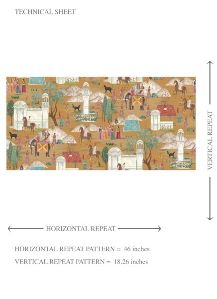 'Gokul' Ethnic/ Heritage/ Horses & Castles Print Wallpaper (Yellow/ Red/ Green/ Blue/ Pink) - Image 8