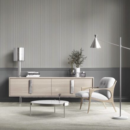 'Berrisford' Neutral Geometric Striped Wallpaper (Slate Grey) - Image 3