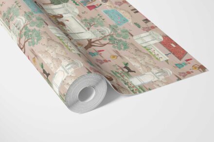 'Gulbiya' Ethnic/ Heritage/ Horses & Castles Print Wallpaper (Pink/ Green/ Red/ Blue) - Image 3