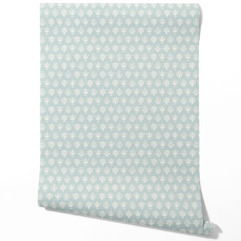 'Minty Blooms' Floral Block Print Wallpaper (Duck Egg Blue/ Off-White)