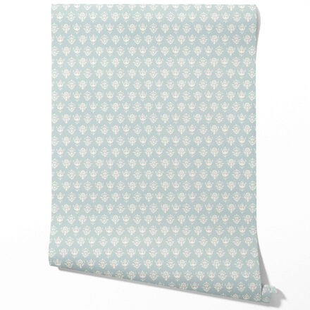 'Minty Blooms' Floral Block Print Wallpaper (Duck Egg Blue/ Off-White)