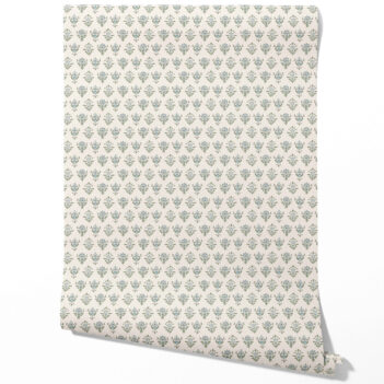 'Algernon' Floral Block Print Wallpaper (Green/ Pale Blue)