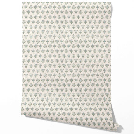 'Algernon' Floral Block Print Wallpaper (Green/ Pale Blue)