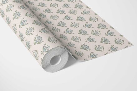 'Algernon' Floral Block Print Wallpaper (Green/ Pale Blue) - Image 2